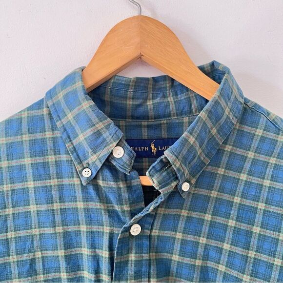 Ralph Lauren Blue Label Green Blue Plaid Long Sleeve Cotton Dress Shirt - Picture 5 of 7